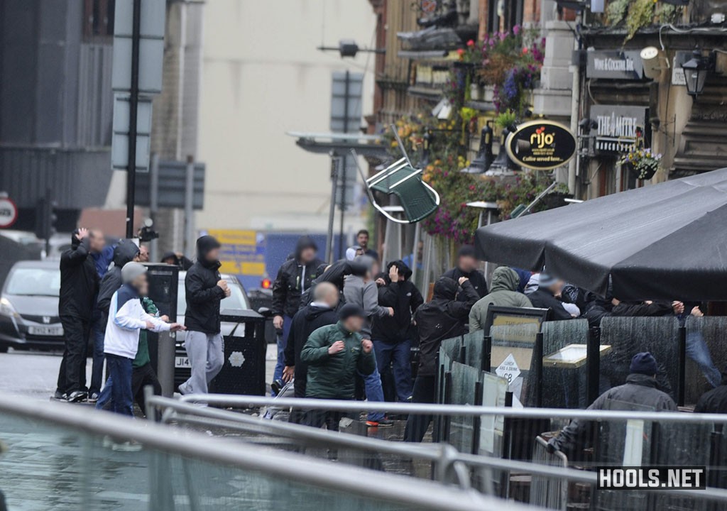 Slask Wroclaw hooligans attack Sevilla fans in Manchester.