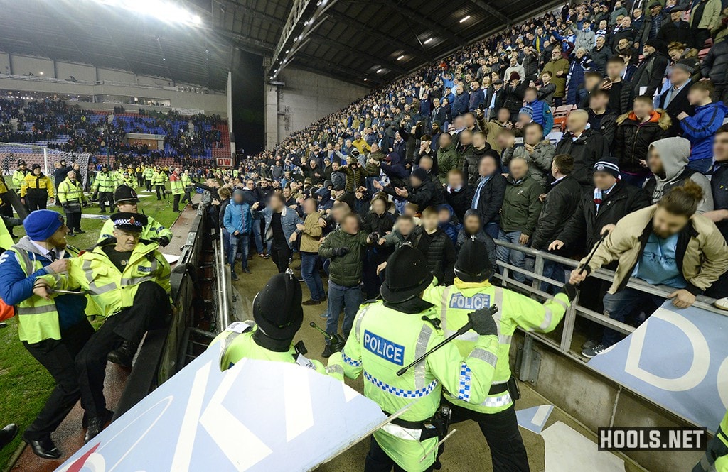 A Man City fan attempts to grab a police baton