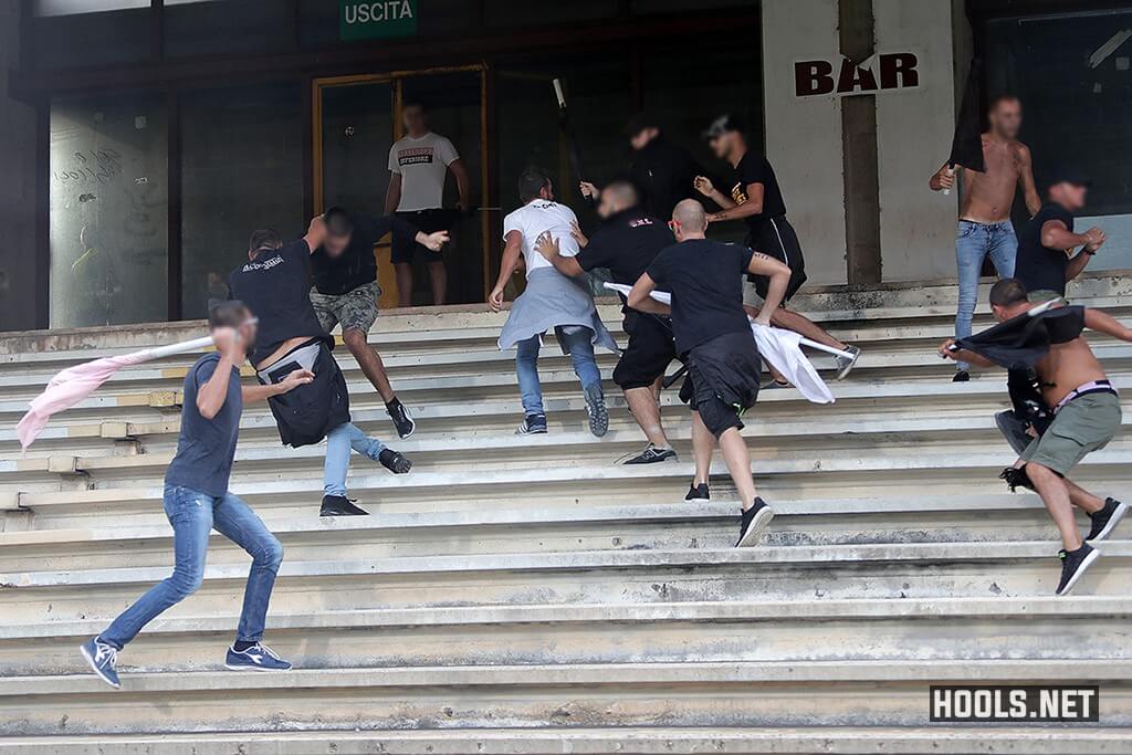 Palermo fans fight among themselves inside the Arechi Stadium during their Serie B match against Salernitana.