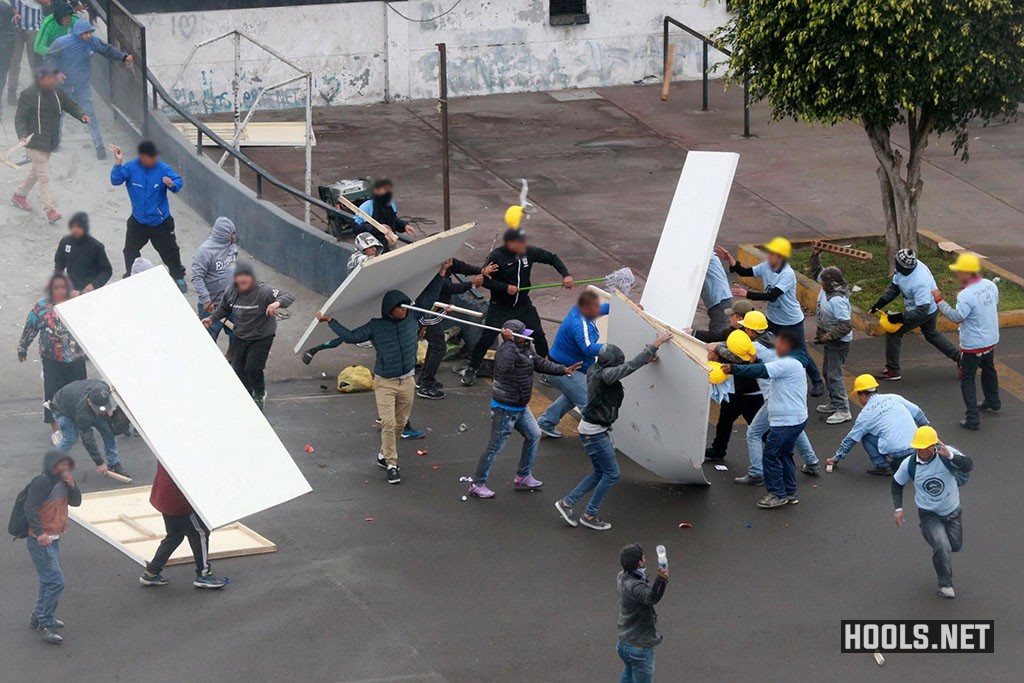 Alianza Lima fans and evangelical Christians clash over a land dispute near the Alejandro Villanueva stadium.