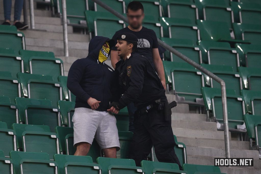 A Rapid Vienna hooligan confronts a policeman at the Allianz Stadium