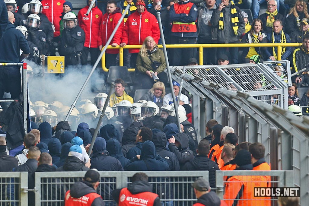 Hertha Berlin ultras clash with cops at the Westfalenstadion.