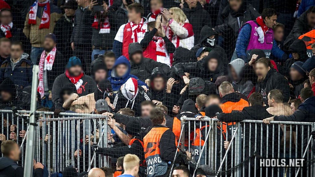 Slavia Prague fans clash with stewards after the side's Europa League match against FC Copenhagen.