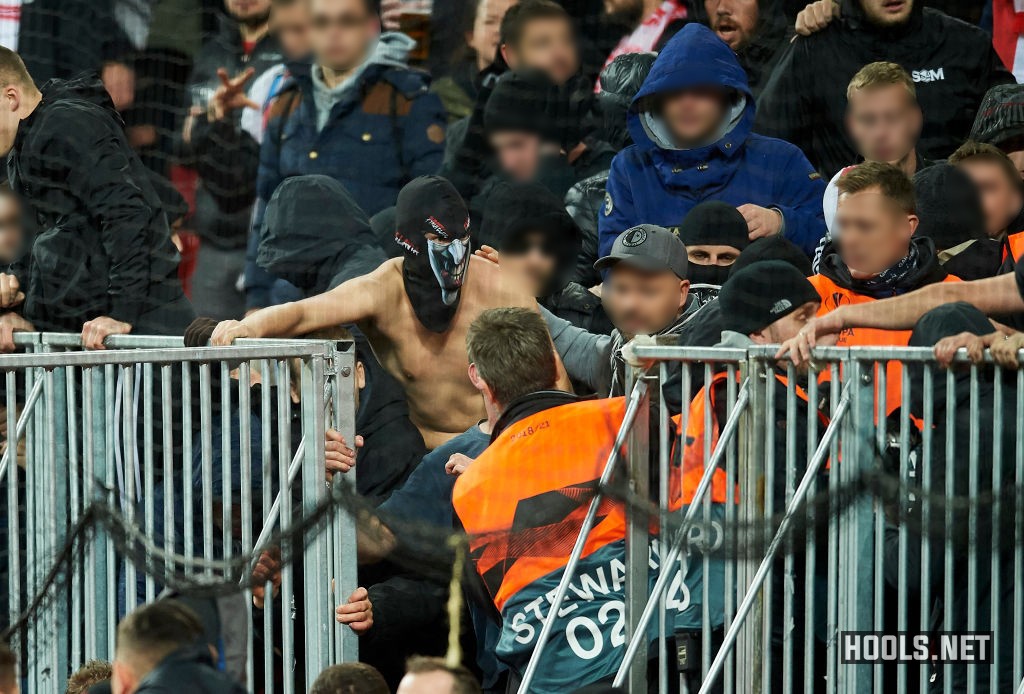 Slavia Prague fans clash with stewards at the Parken Stadium after the side's Europa League match against FC Copenhagen.