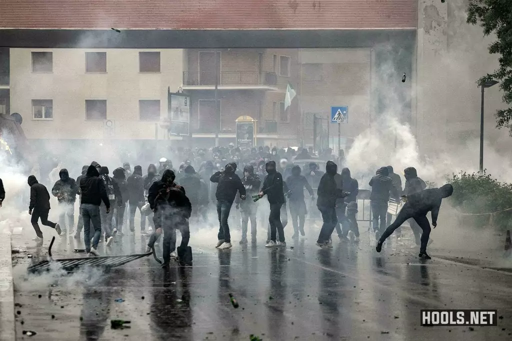 Lazio hools clash with riot cops near the Stadio Olimpico ahead of the side's Italian cup final against Atalanta.