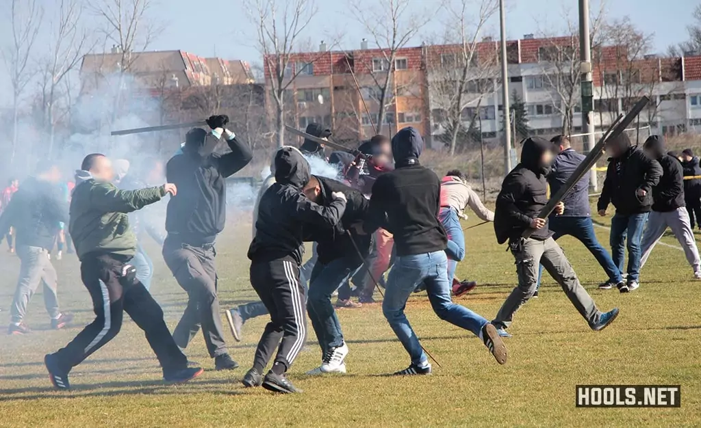 Pecsi MFC and Cibalia fans fight on the pitch during their friendly match
