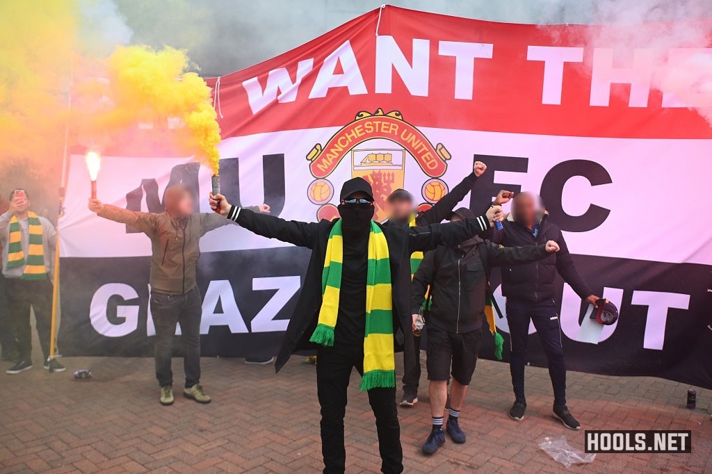 Manchester United fans protest against the club's owners outside Old Trafford ahead of their English Premier League clash against Liverpool.