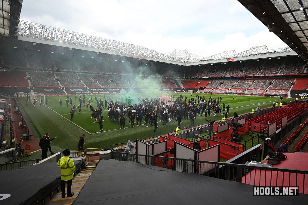 Manchester United supporters protest against the club's owners inside Old Trafford ahead of their English Premier League fixture against Liverpool.