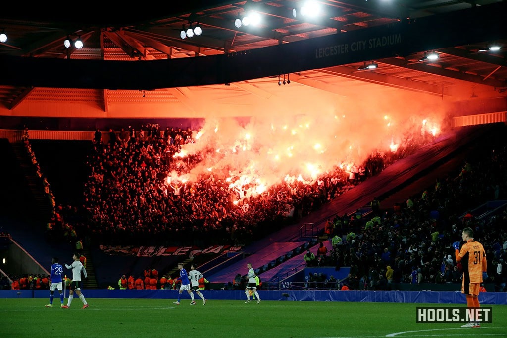 Legia Warsaw fans let off flares at the King Power Stadium during their Europa League match against Leicester.