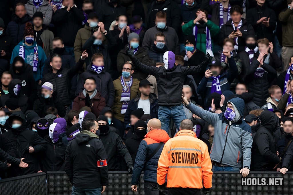 Beerschot supporters pictured after their side's Belgian Pro League match against Antwerp.