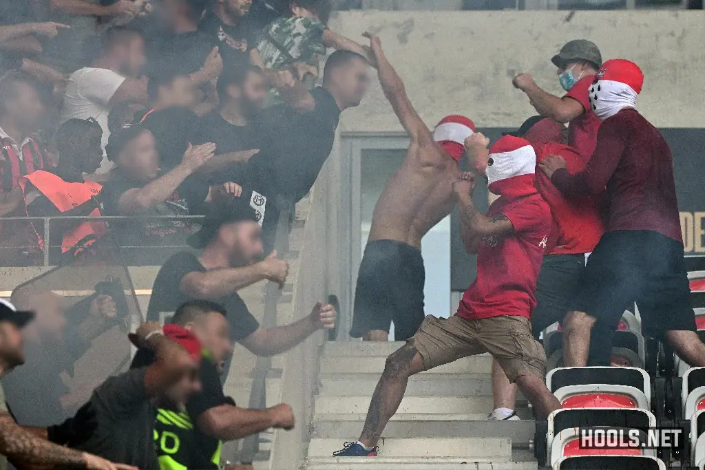 Nice and Cologne fans clash in the stands at the Allianz Riviera stadium before their Europa Conference League match