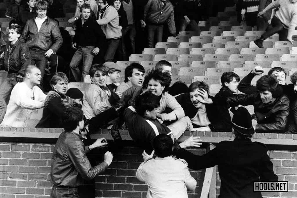 Hooligans fight in the stands at a Second Division match between Middlesbrough and Newcastle on 5 February 1983