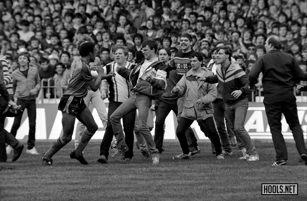 Manchester City fans attack Luton Town players after their side's 1-0 loss at Maine Road on 14 May 1983