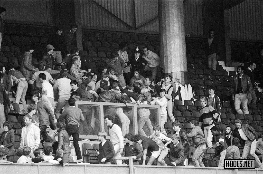 Fans clash at a Queens Park Rangers v Aston Villa match on 3 September 1983