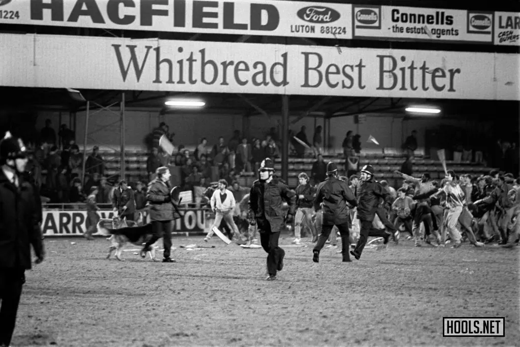 Millwall hooligans riot after the team's 1-0 loss at Luton Town in their FA Cup quarter-final on 13 March 1985