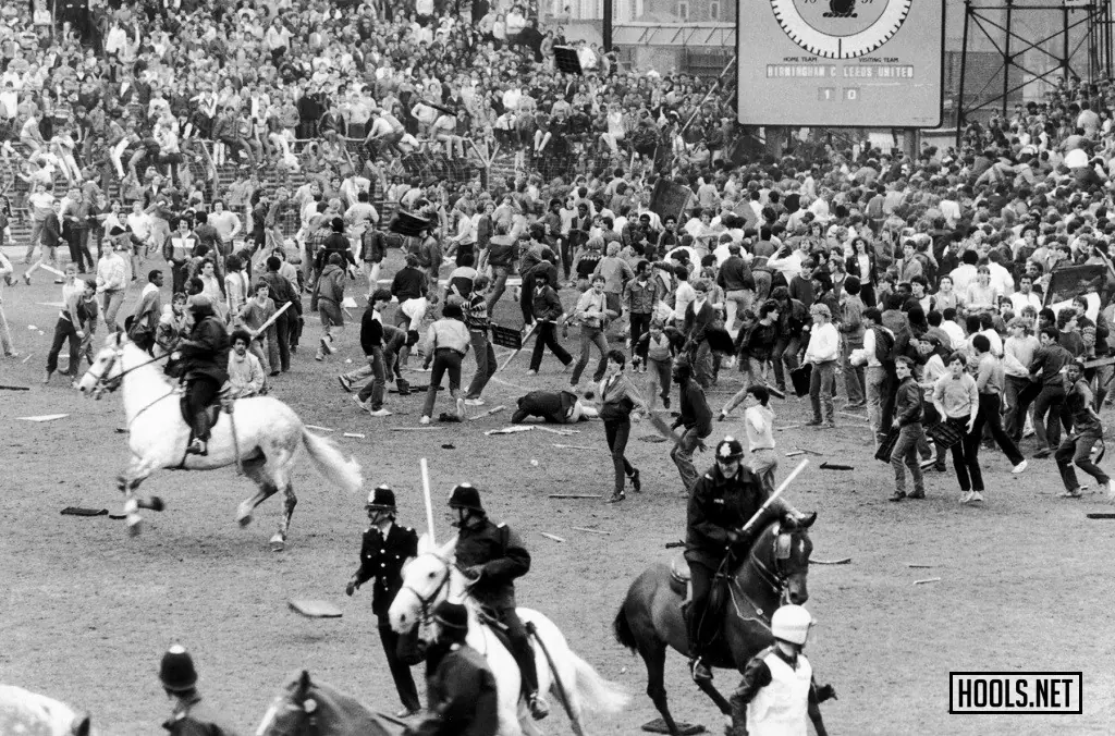 Fans riot at St Andrew's stadium at the end of a match between Birmingham City and Leeds United on 11 May 1985