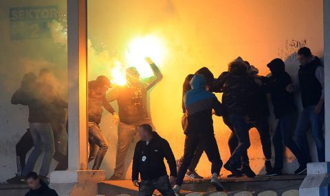 OFK Beograd and Zemun fans fight in stands during match