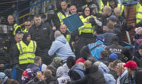 Slovan Bratislava fans clash with cops and security guards at Dunajska Streda