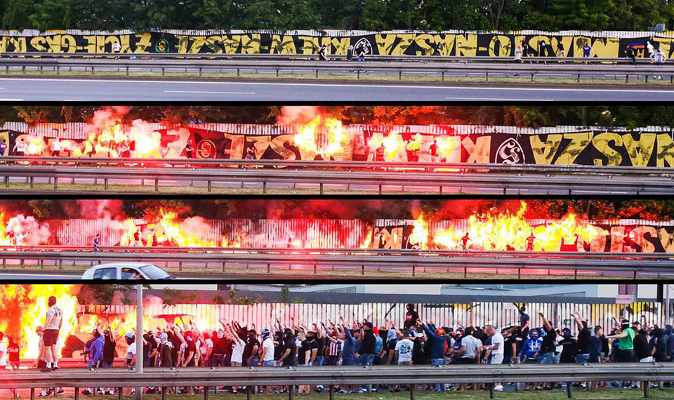 Ruch Chorzow hools block traffic to burn giant GKS Katowice flag