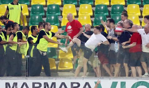 Aberdeen fans clash with stewards and riot cops after match in Cyprus