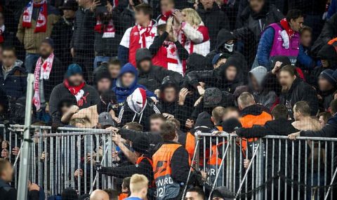 Slavia Prague fans clash with stewards at Parken Stadium