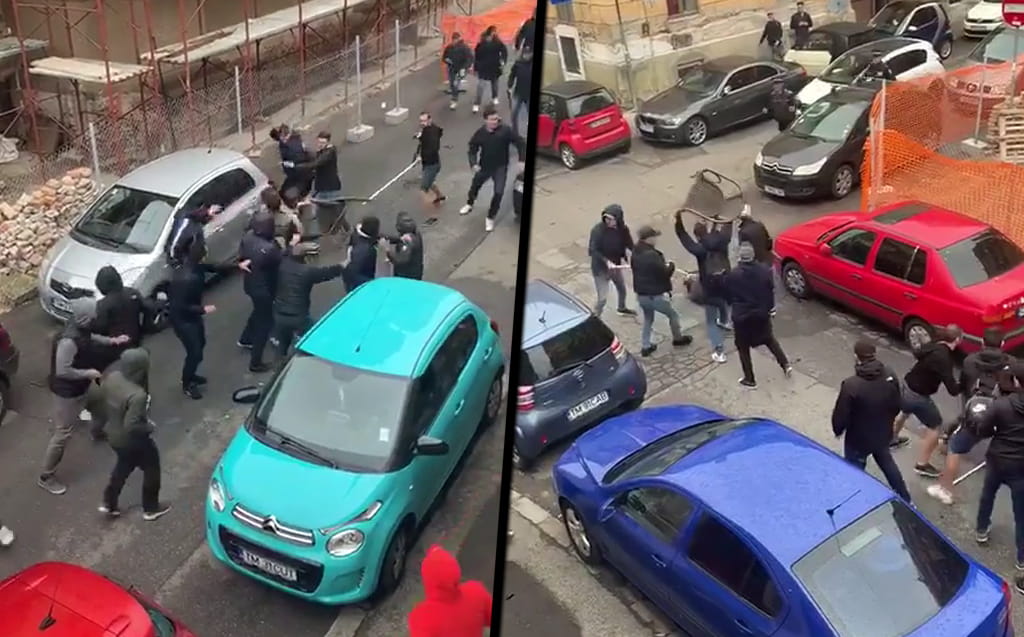 ASU Poli and Dinamo Bucharest fans clash in street brawl