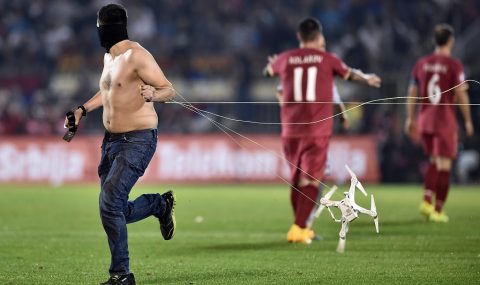 14 October 2014: Serbia v Albania match abandoned after drone carrying banner sparks clashes