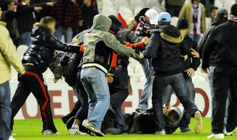 18 February 2010: Athletic Bilbao and Anderlecht fans clash on pitch after Europa League tie