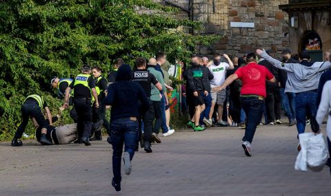 Hearts and Celtic fans clash near Tynecastle Park before match