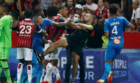 Marseille player sparks pitch invasion after throwing bottles back at Nice fans during Ligue 1 clash