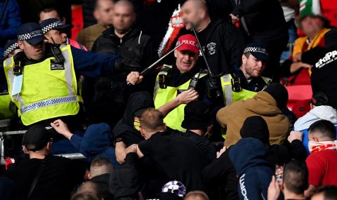 Hungary fans clash with police at Wembley during their side's World Cup 2022 qualifier against England.