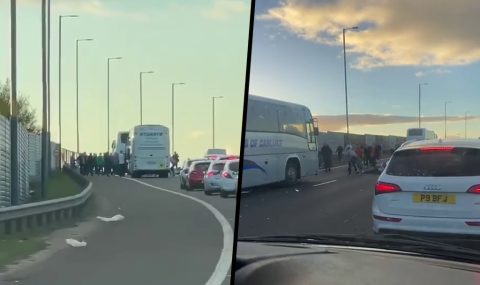 Rangers and Hibs fans fight on motorway before League Cup semi-final