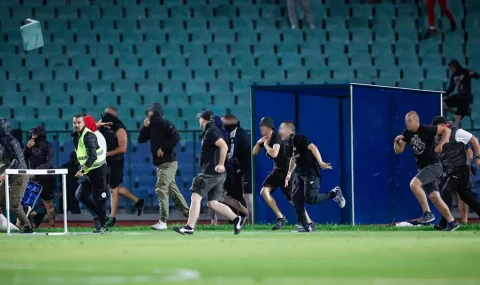 CSKA Sofia fans storm pitch during match against CSKA 1948